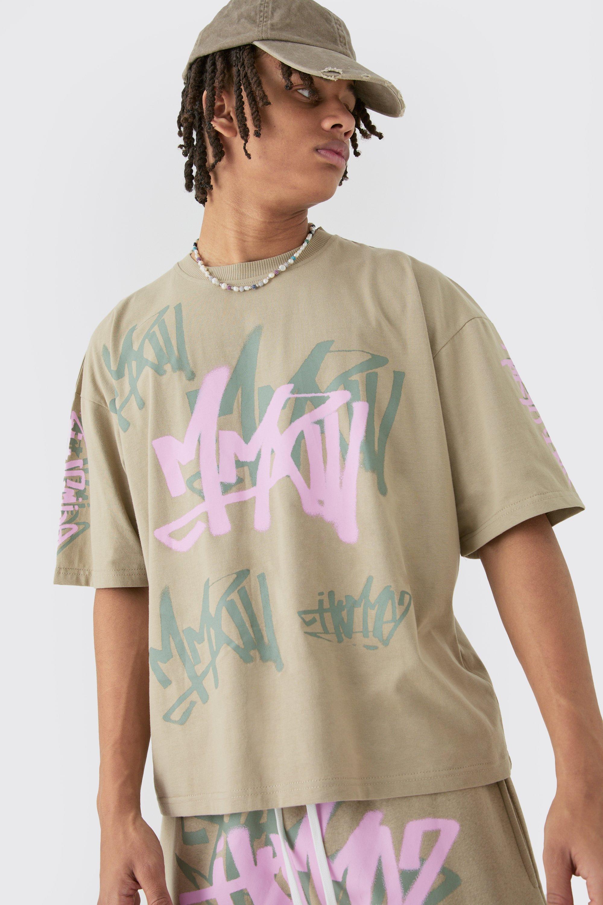 Mens Green Boxy Graffiti Printed T-shirt, Green